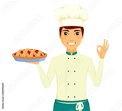 Portrait of a man cook with a cake in his hand. A man with a gesture of approval. Professional chef. Food preparation. Service personnel. Flat style on white background. Cartoon