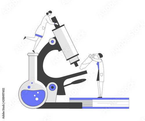 Pharmaceutic Laboratory Research Concept. Women Scientists Characters Working in Chemistry Lab with Medical Equipment Microscope Flask Pipette Experiment. Cartoon Flat Vector Illustration, Line Art