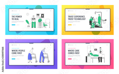 Senior People in Hospital, Stomatology Treatment, Patient in Pulmonology Department Chamber Website Landing Page Set. Health Care and Medicine Concept Web Page Banner. Cartoon Flat Vector Illustration
