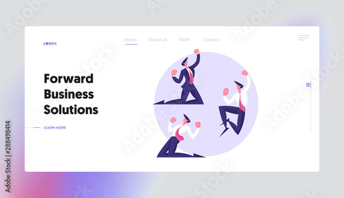Successful Worker Rejoice Website Landing Page. Winner Business Man Celebrating Victory or Successful Deal Cry Yeah. Happy Manager Gesturing on Knees Web Page Banner. Cartoon Flat Vector Illustration