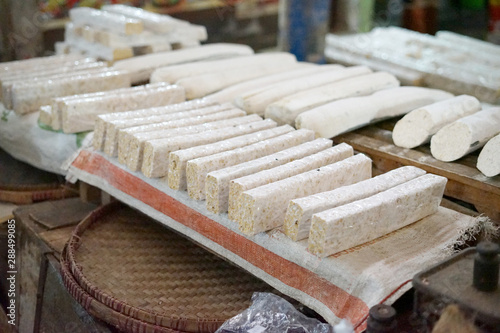 Bunch of Tempeh from soy bean in row