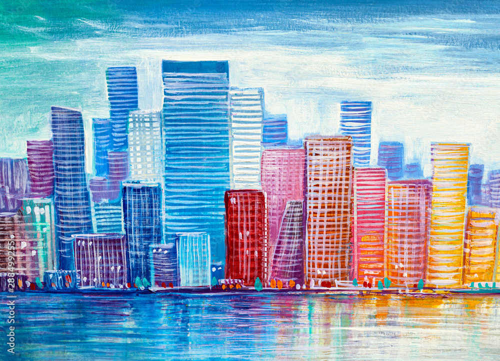 Fototapeta premium Abstract painting of urban skyscrapers.
