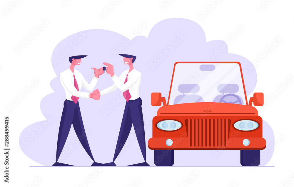 Business Car Sharing Service Concept, Auto Rental, Test Drive or Carpool.  Businessman Dealer in Formal Suit Give Key to Driver. Selling, Leasing or  Renting Automobile Cartoon Flat Vector Illustration Stock Vector |