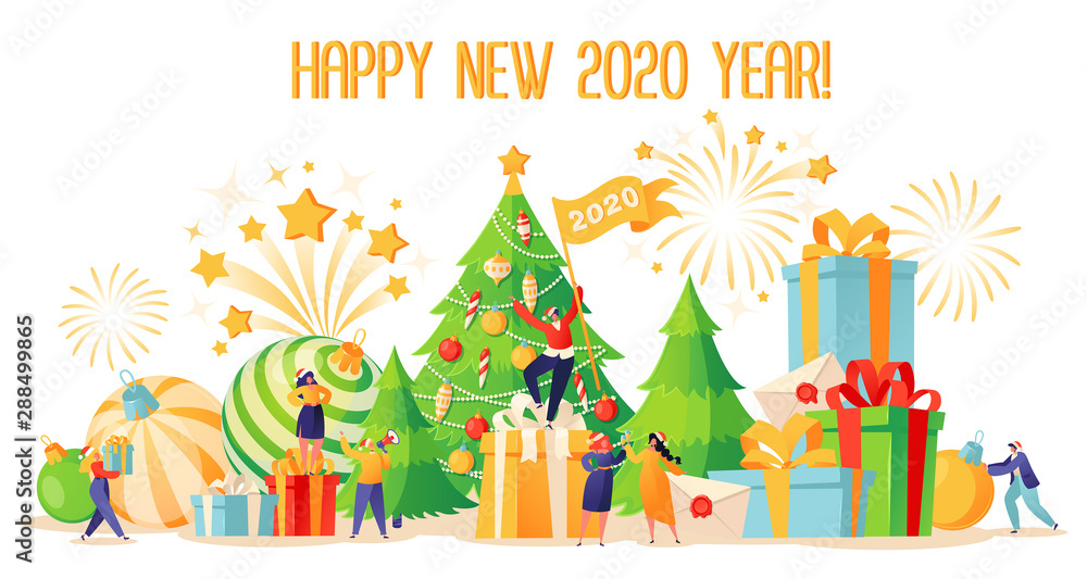 Big bright illustration with small, flat cartoon, people characters that preparing for holiday. Bright toys for the Christmas tree, garlands and decorations. People have fun and prepare gifts. 
