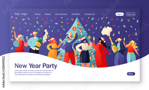 Concept of landing page on winter holidays theme. Website layout with flat people characters celebrating New Year against background of a large beautiful decorated Christmas tree. Party, corporate.