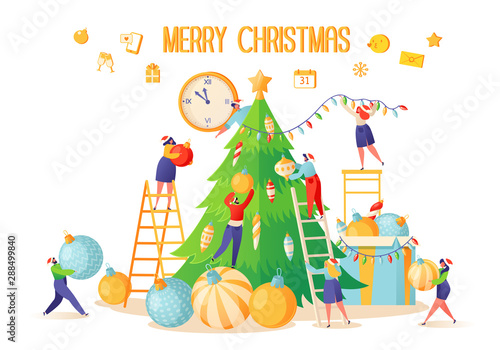 Vector illustration on theme of preparation for winter holidays.  Small flat people characters decorate large, beautiful, green Christmas tree with elegant, bright and colored balls. Hang a garland.