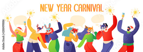 Cute illustration with joyful flat characters in animal masks. New Year сarnival сoncept. Party card or invitation poster. People characters dancing with sparklers and champagne, celebrating New Year.
