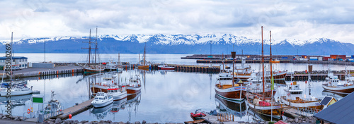 Iceland, Husavic town location. Picturesque panoramic view of northern town Husavik, old harbor with anchored wooden vessels operated for whale watching excursions. Blue hour dusk tranquil scenery. photo