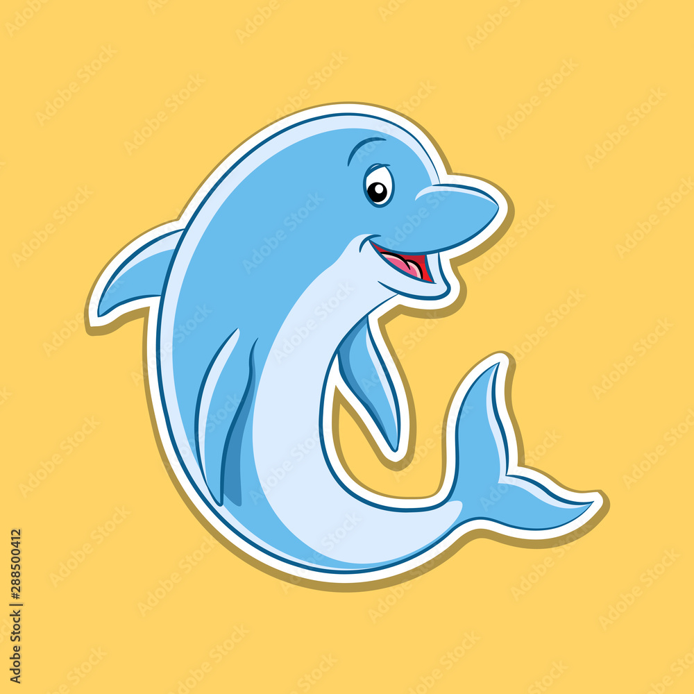 Sticker of Dolphin Cartoon on a Yellow Background Sticker of Dolphin Cartoon on a Yellow Background