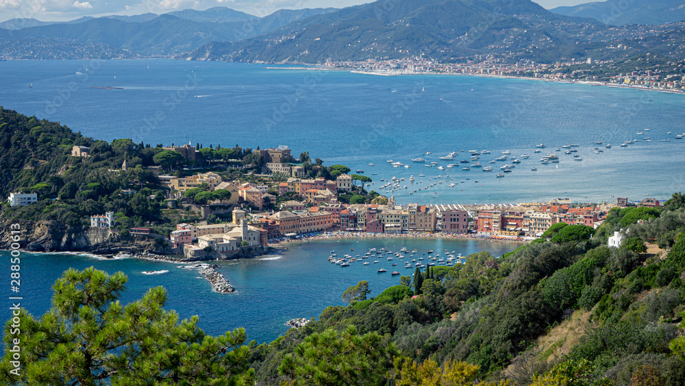 Sestri Ponente, Genoa, Italy. Bay of Silence panoramic view from above immersed in nature. 