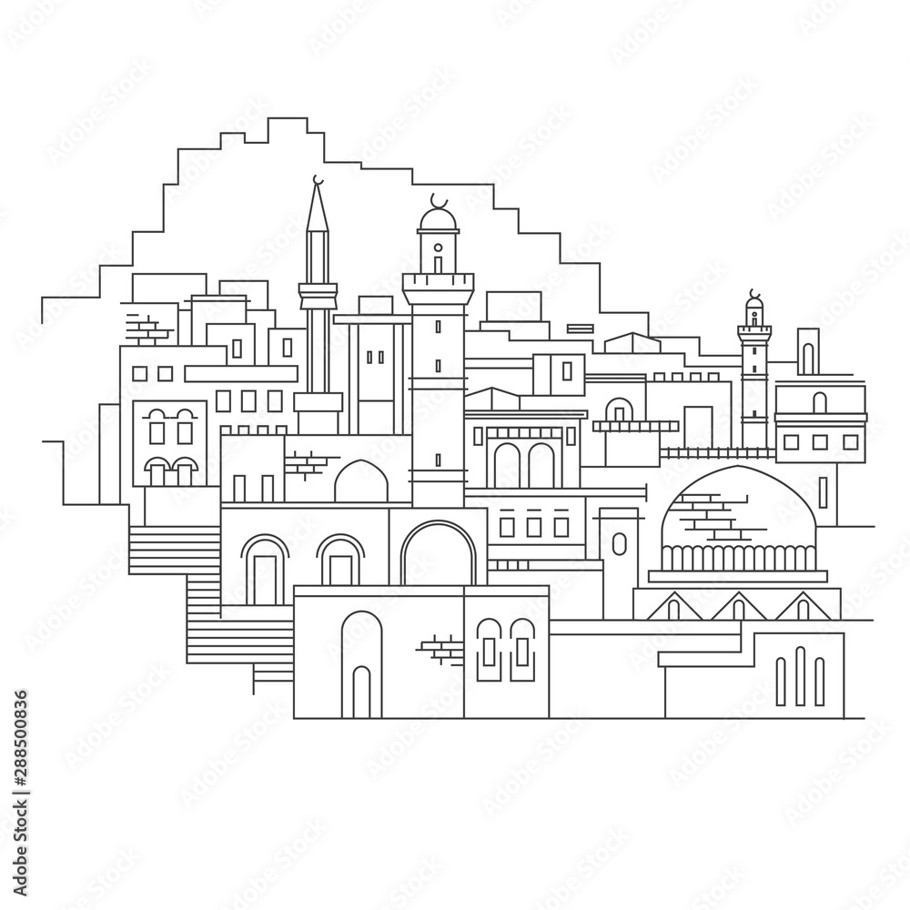 Sights of Israel vector illustration. Israel views of the city Jerusalem tourist city skyline vector