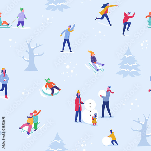 Winter season illustration Background with people skiing, ice skating, sledding. Christmas and New Year Holiday seamless pattern for design, wrapping paper, invitation, greeting card, poster. Vector.