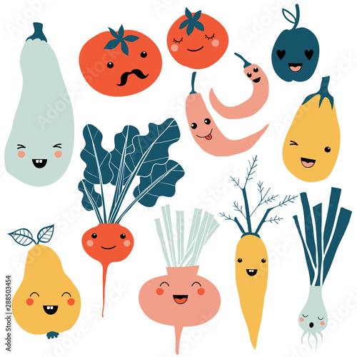 Cute cartoon smiley fruit and vegetable characters