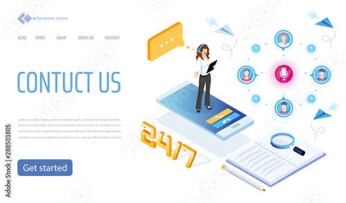 Vector template for website and app. Customer, client care and support. Helpline numder. Personal user service and relationship. Isometric illustration concept for your landing page, banner.
