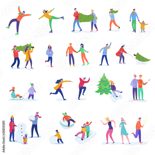 Set of People Family characters dancing, celebrating, playing snowball, skiing. Merry Christmas and Happy New Year night. Winter Xmas Party women and men template. Vector illustration
