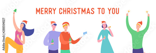 Xmas Card or Invitation Poster. People characters having a party, friends and family dancing, women and men celebrating Merry Christmas and Happy New Year night. Vector illustration