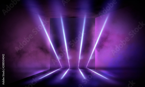 Fototapeta Naklejka Na Ścianę i Meble -  Empty stage background in purple color, spotlights, neon rays. Abstract background of neon lines and rays. Abstract background with lines and glow. Empty stage the reflection of neon lights.