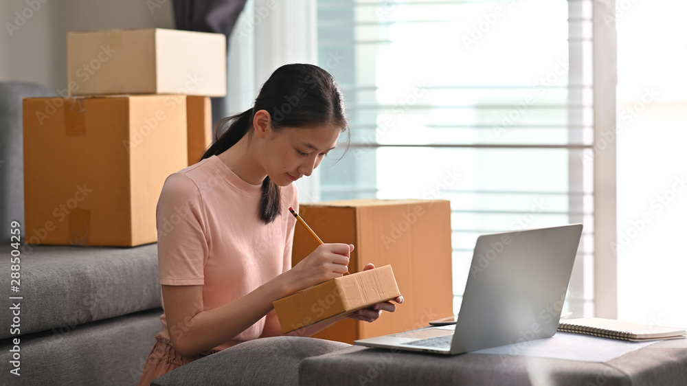 Teenage asian girl success doing business at home for shopping online. Teenage asian girl success doing business at home for shopping online.