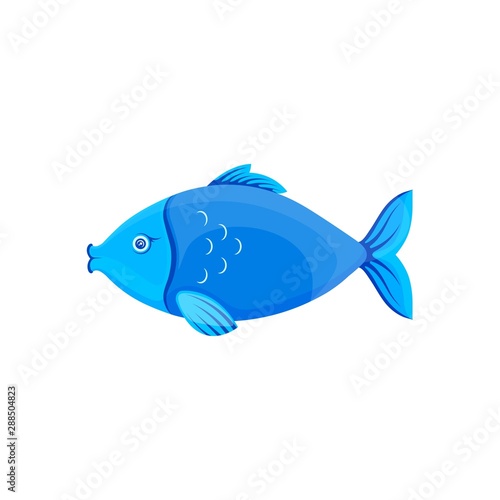 Vector graphic cartoon illustration. Blue fish. Sea fish isolated on white background. Concept illustration for logo of pet shop or pet staff, emblem for advertising, trademark.