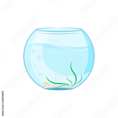 Vector graphic illustration. Glass aquarium with water. Concept for printing goods for pet store, signboard, pet food, concept of advertising logo. Badge, symbol, emblem, label, logo.