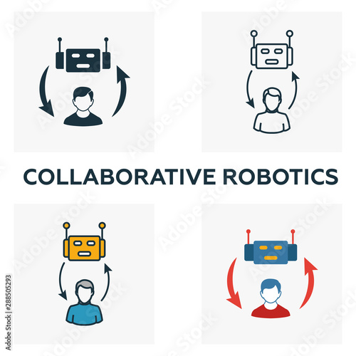 Collaborative Robotics icon set. Four elements in diferent styles from industry 4.0 icons collection. Creative collaborative robotics icons filled, outline, colored and flat symbols