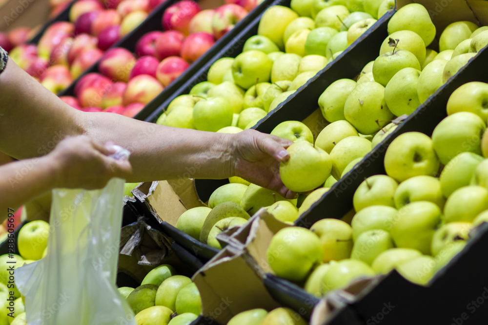 Old woman selecting fresh apples in grocery store produce department and putting it in plastic bag. Old woman selecting fresh apples in grocery store produce department and putting it in plastic bag.