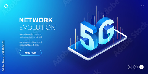 5G network wireless technology illustration. Mobile internet of next generation. Isometric futuristic hi-tech smartphone with big letters. Web page design template