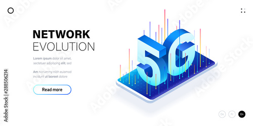 5G network wireless technology illustration. Mobile internet of next generation. Isometric futuristic hi-tech smartphone with big letters. Web page design template
