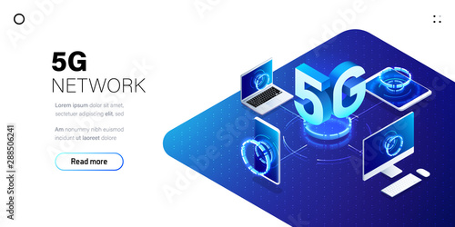 5G network wireless technology illustration. Mobile internet of next generation. Isometric futuristic hi-tech smartphone with big letters. Web page design template