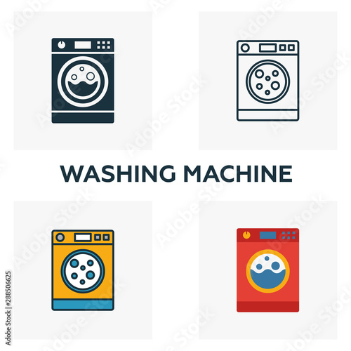 Washing Machine icon set. Four elements in diferent styles from household icons collection. Creative washing machine icons filled, outline, colored and flat symbols