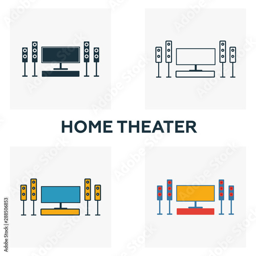 Home Theater icon set. Four elements in diferent styles from household icons collection. Creative home theater icons filled, outline, colored and flat symbols