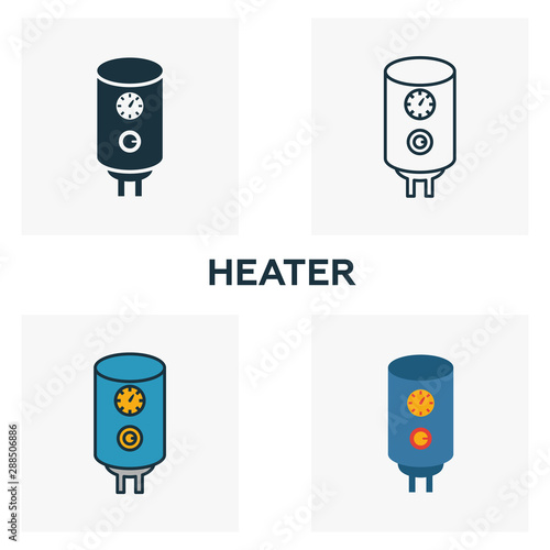 Heater icon set. Four elements in diferent styles from household icons collection. Creative heater icons filled, outline, colored and flat symbols