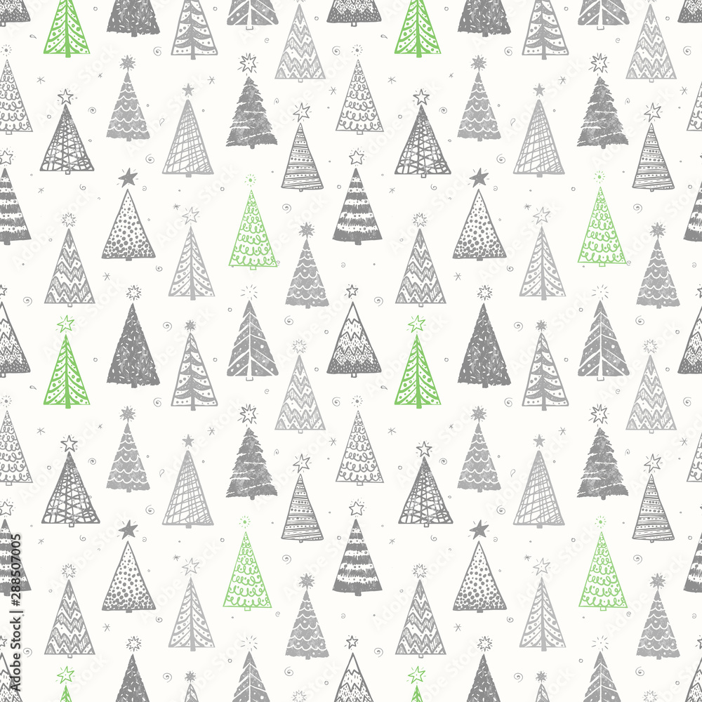 Naklejka Seamless pattern with doodle christmas trees. Can be used for wallpaper, pattern fills, textile, web page background, surface textures.