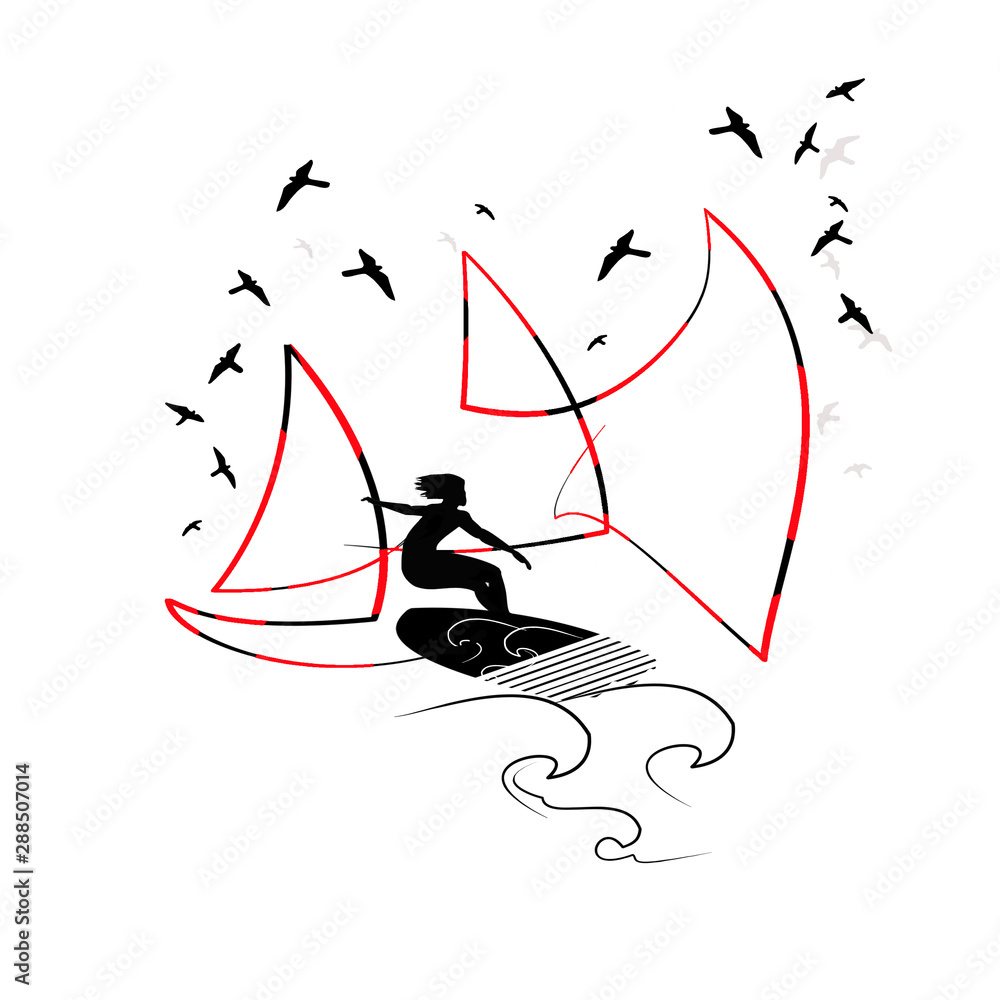 Illustrations on Illustrations on the theme of windsurfing and summer. Windsurfing and summer theme. Man athlete Illustrations on Illustrations on the theme of windsurfing and summer. Windsurfing and summer theme. Man athlete
