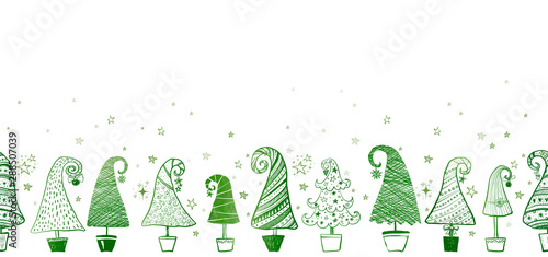 Horizontal seamless pattern with doodle christmas trees. Can be used for wallpaper, pattern fills, textile, web page background, surface textures.