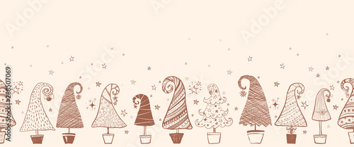 Horizontal seamless pattern with doodle christmas trees. Can be used for wallpaper, pattern fills, textile, web page background, surface textures.