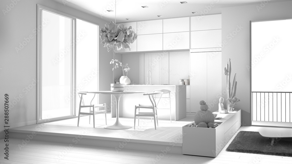 Total white project of living room with sofa, kitchen, dining table, succulent potted plants, parquet floor, window, panoramic balcony, modern architecture concept idea Total white project of living room with sofa, kitchen, dining table, succulent potted plants, parquet floor, window, panoramic balcony, modern architecture concept idea