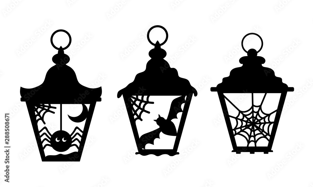 Laser cut lanterns. Halloween decoration for holiday, invitation, card,  scrapbooking. Flashlight silhouette. Spider, spiderweb, bat at  candlesticks. Vector element isolated on transparent background. Stock  Vector | Adobe Stock