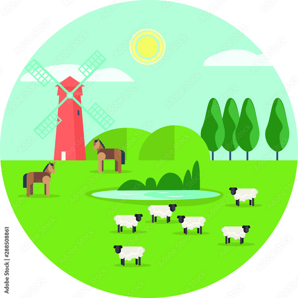 Agriculture and Farming. Rural landscape. Red farm house. Green tractor. Hills and fruit trees. Vector illustration.