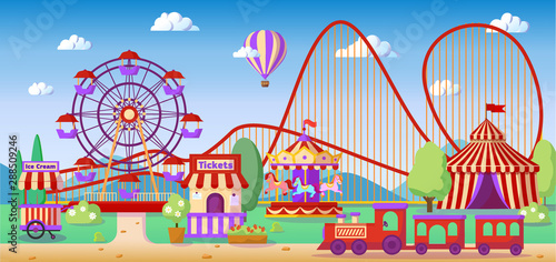 Amusement park panoramic lanscape, roller coaster, carousel, ferris wheel