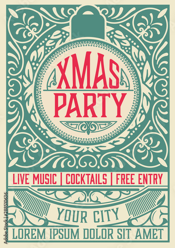 Retro Christmas party invitation. Holidays flyer or poster desig