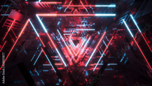 Abstract background, tunnel with reflections, neon lights. 3d rendering © samserius