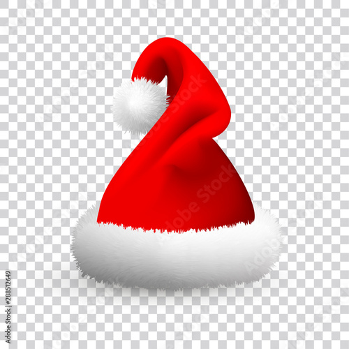 Santa Claus hat isolated on transparent background. Realistic Vector. 3d Illustration.