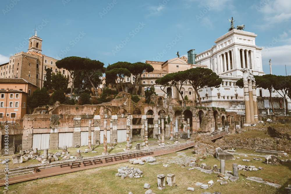 Panoramic view of temple of Venus Genetrix is ruined temple and forum of Caesar