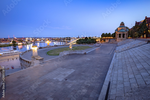 Szczecin by night. View of the Haken terracess, view of the Odra river