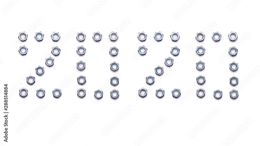 Pattern of metal nuts for bolts, numbers 2020 New Year, isolate on a white background. Spare parts for fastenings designs, Christmas card holiday greetings. Pattern of metal nuts for bolts, numbers 2020 New Year, isolate on a white background. Spare parts for fastenings designs, Christmas card holiday greetings.