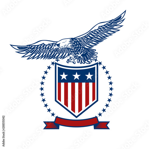 emblems with eagles and usa flags. Design element for poster, emblem, sign, logo, label. Vector illustration