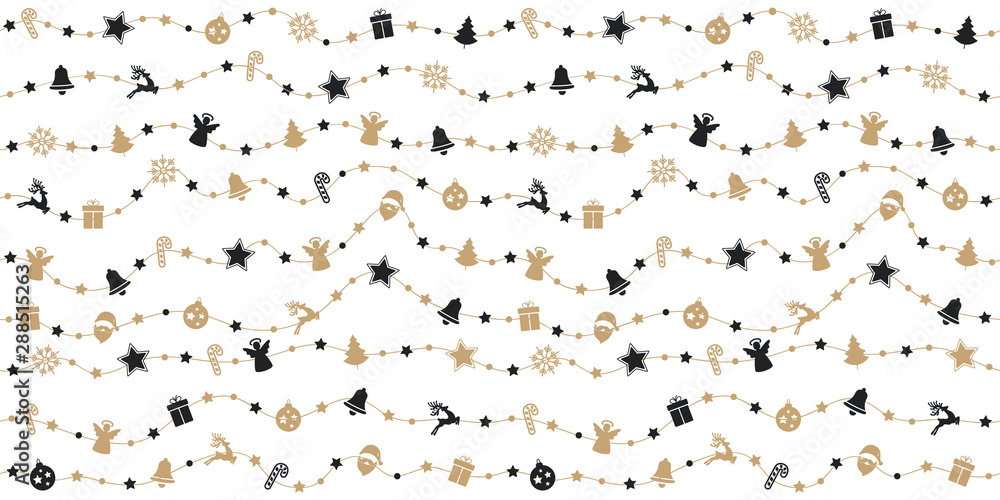 Christmas ornaments on gold rope line seamless pattern white isolated background.