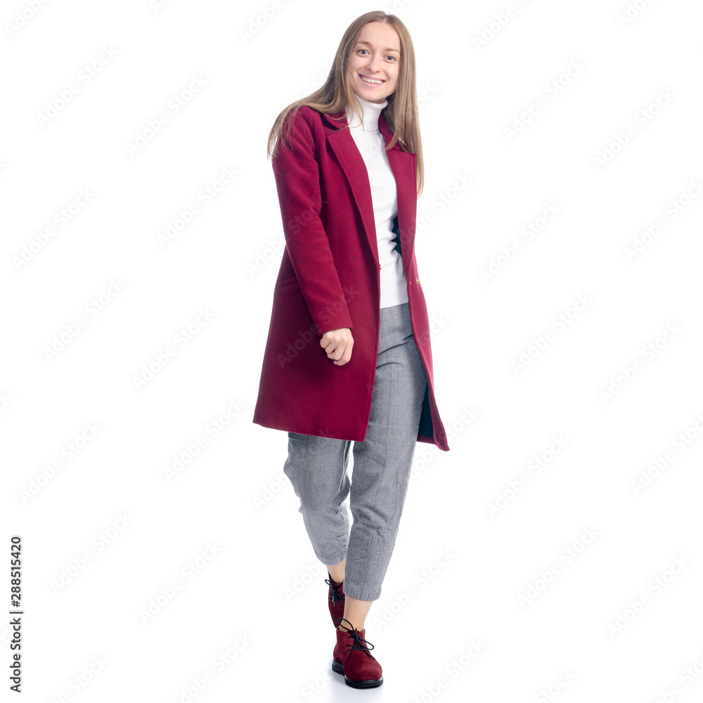 Woman in red coat walking goes looking autumn on white background isolation Woman in red coat walking goes looking autumn on white background isolation