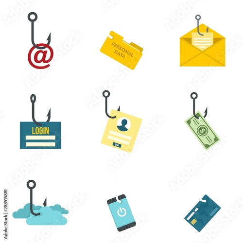 Phishing icon set. Flat set of phishing vector icons for web design